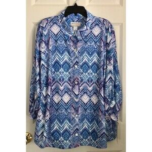 ALFRED DUNNER WOMEN'S TOP COLLARED NECK BUTTON DOWN ZIG ZAG 3/4 SLEEVES ROLL 158